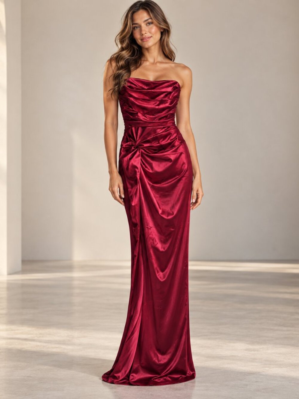 Faeriesty Wine Satin Strapless Backless Lace-Up Maxi Dress XL